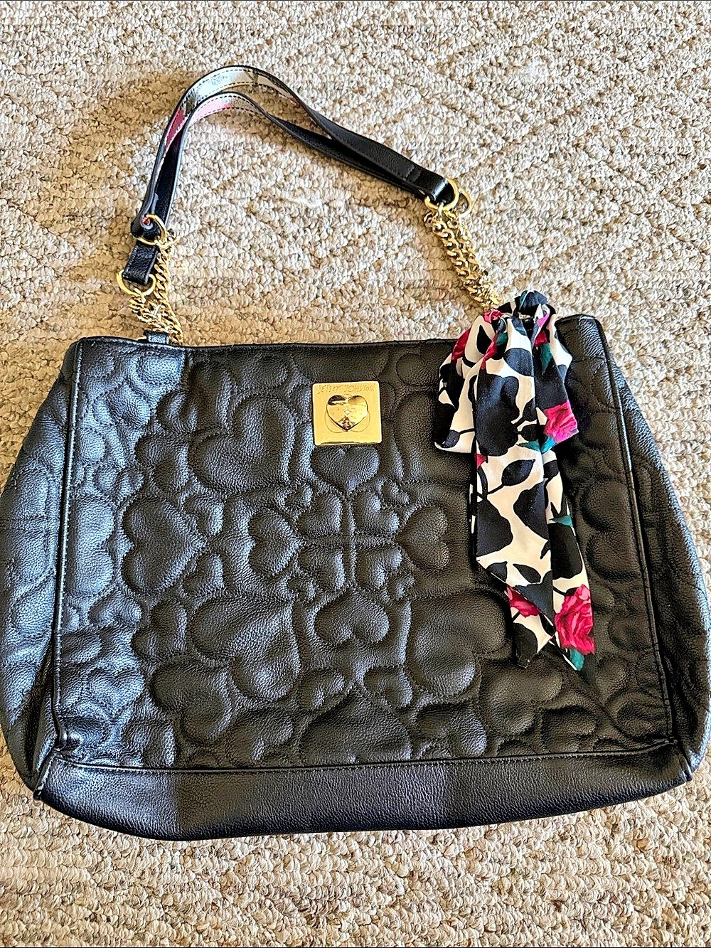 Betsey Johnson Quilted Heart Tote Bag with Gold Chain and Scarf